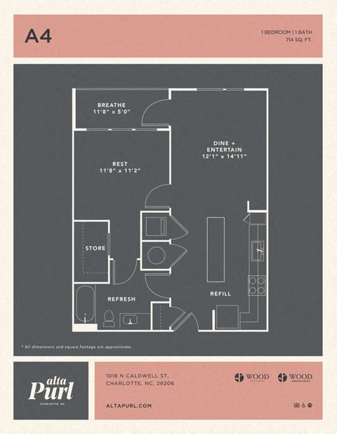 Floor plan for 1 bed, 1 bath, 786 sqft